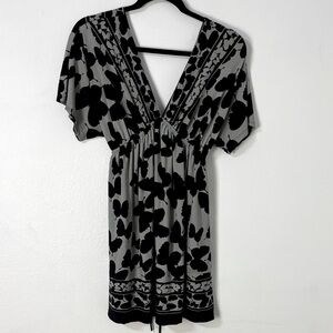 Vtg Gray Black Butterfly V-Neck Tunic Dress Y2K Fairy Grunge Tie Waist Size S/P‎